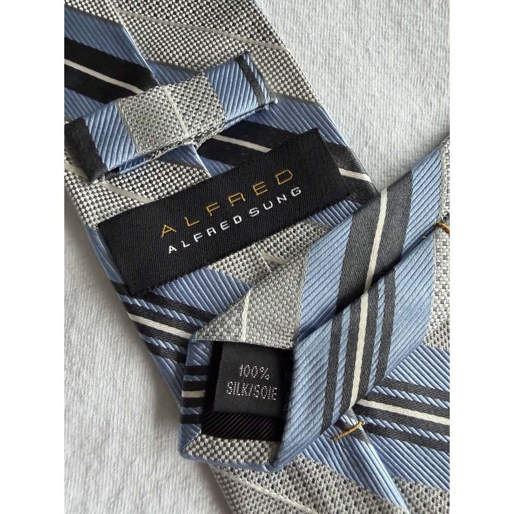 Alfred Sung	Blue Silver Striped Woven Long	100% SIlk	Tie Necktie 60" x 3.25"